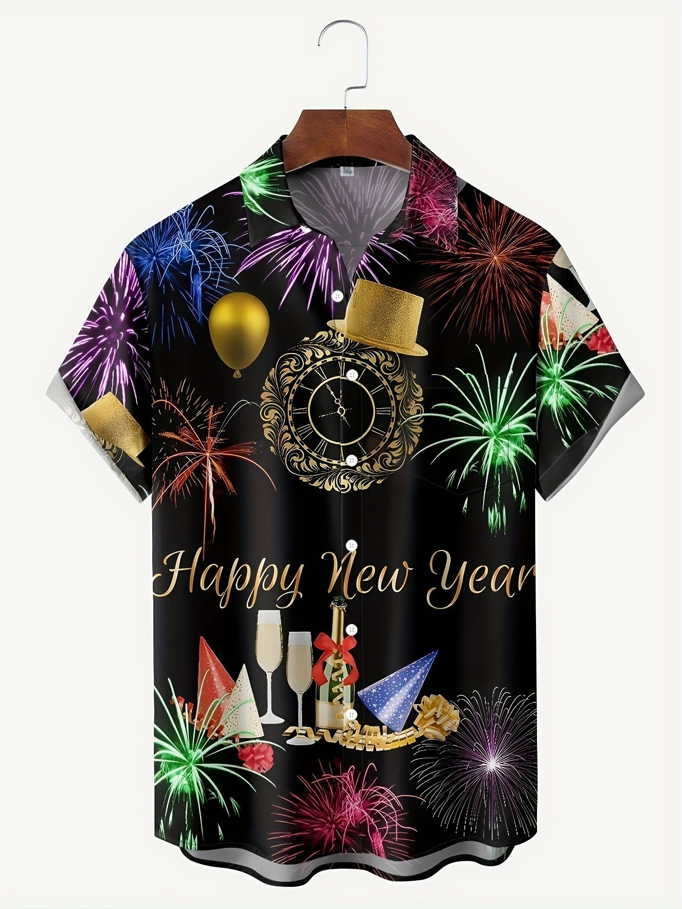 1pc Polyester Vintage Style Men'S Casual Shirt with Short Sleeve, Regular Fit, Single Button Front, Fireworks Print for Festive Occasion, Summer Season, Christmas and New Year'S Celebration Design